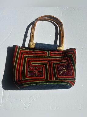 Handcrafted Multicolor Embroidered Tote with Bamboo Handle - Made in Colombia